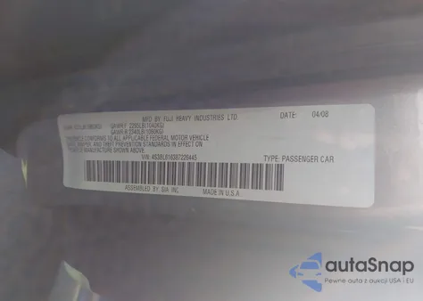 2008 Subaru Legacy 2.5I from USA, damaged, VIN 4S3BL616387226445